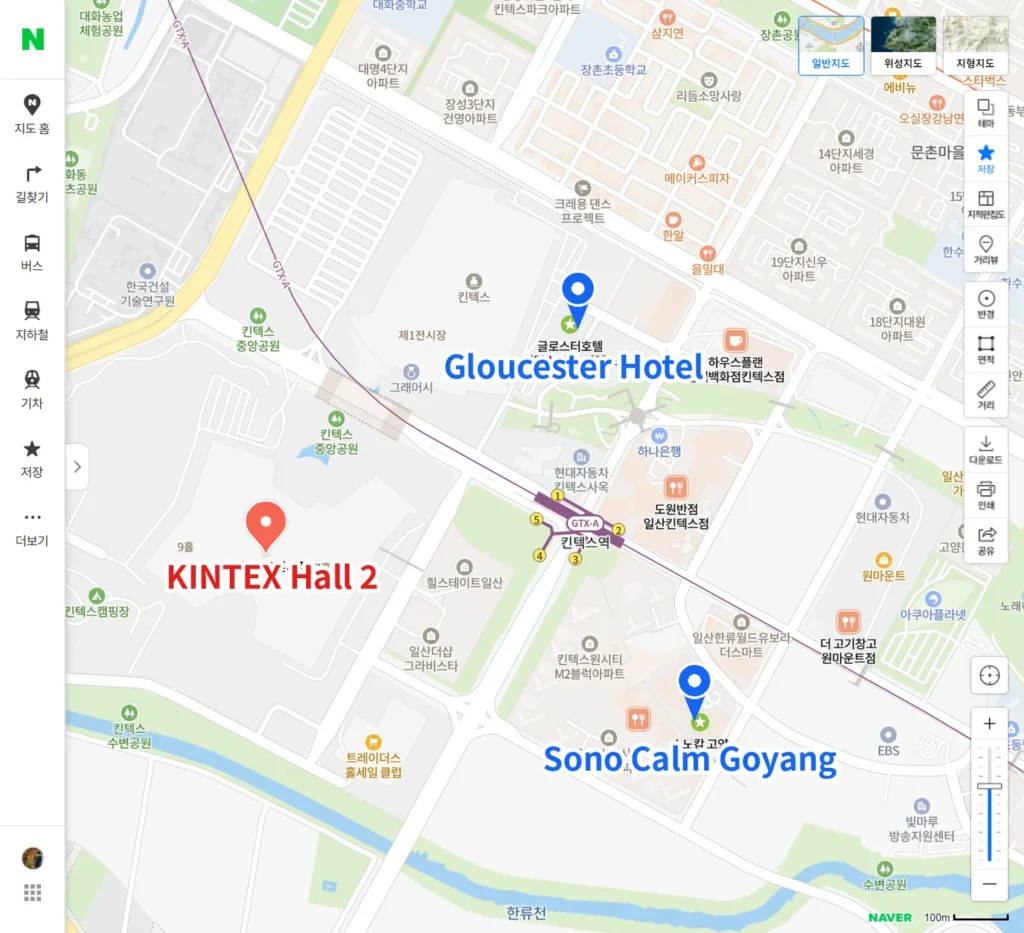 Map showing KINTEX Hall 2 and the two nearby hotels, Gloucester and Sono Calm